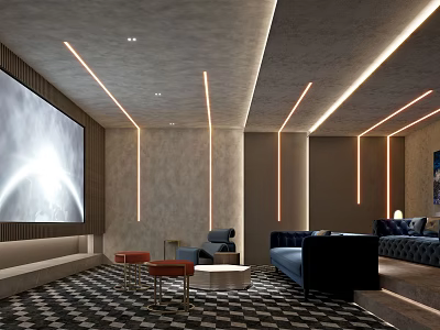 Modern Home Theater With Large Projector Screen Comfortable Sofas Checkerboard Rug And Ambient Lighting 3d model