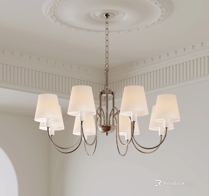 Elegant Classic Chandelier With White Lampshades And Metal Frame On Decorative Ceiling 3d model 