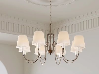 Elegant Classic Chandelier With White Lampshades And Metal Frame On Decorative Ceiling 3d model