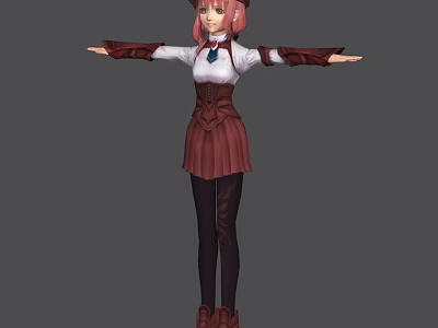 Game Movie Character With Pink Hair White Shirt Red Vest Pleated Skirt Black Stockings Brown Shoes 3d model