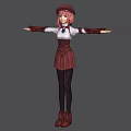 Game Movie Character With Pink Hair White Shirt Red Vest Pleated Skirt Black Stockings Brown Shoes