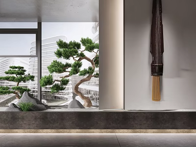 Garden Ornaments with Pine Tree Stones and Hanging Decor in Modern Indoor Window Space 3d model