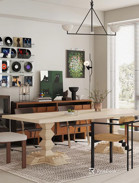 Modern Restaurant Interior With Open Design Wooden Dining Table Green Plants Vinyl Records And Artworks 3d model 