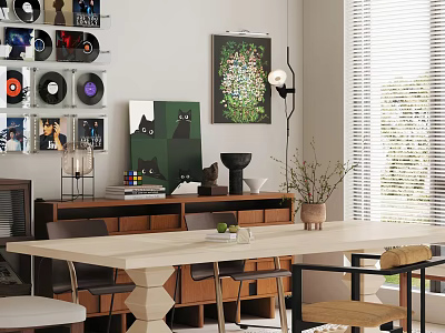 Modern Restaurant Interior With Open Design Wooden Dining Table Green Plants Vinyl Records And Artworks 3d model