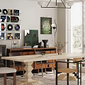 Modern Restaurant Interior With Open Design Wooden Dining Table Green Plants Vinyl Records And Artworks