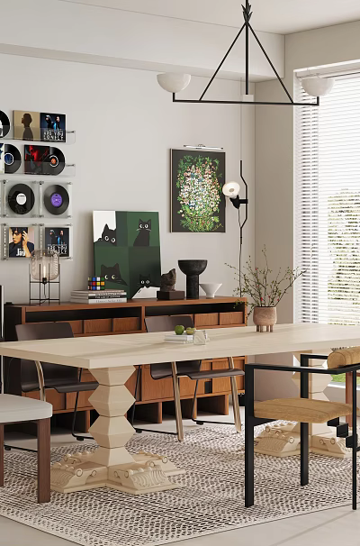Modern Restaurant Interior With Open Design Wooden Dining Table Green Plants Vinyl Records And Artworks 3d model