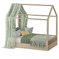 Kids House-Shaped Wooden Bed With Green Curtains String Lights And Cozy Pillows