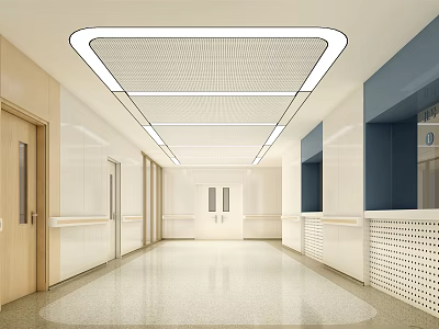 Hospital Outpatient Clinic Corridor With White Walls Wooden Doors Ceiling Lights And Shiny Floor 3d model