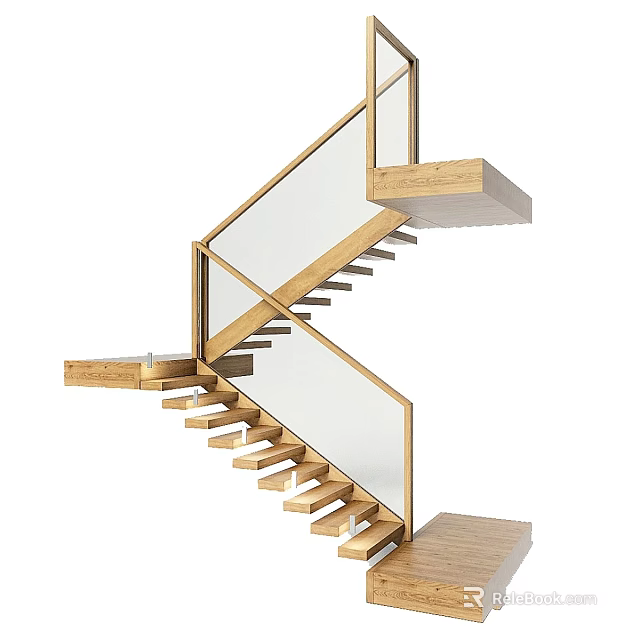 Modern Staircase Design With Wooden Steps And Glass Railing For Home Interior 3d model 
