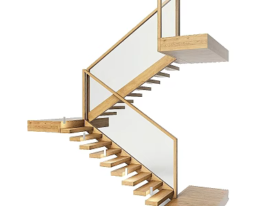 Modern Staircase Design With Wooden Steps And Glass Railing For Home Interior 3d model
