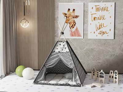 Kids Teepee Tent with Black White Stripes Star Patterns Giraffe Art and Toy Houses 3d model