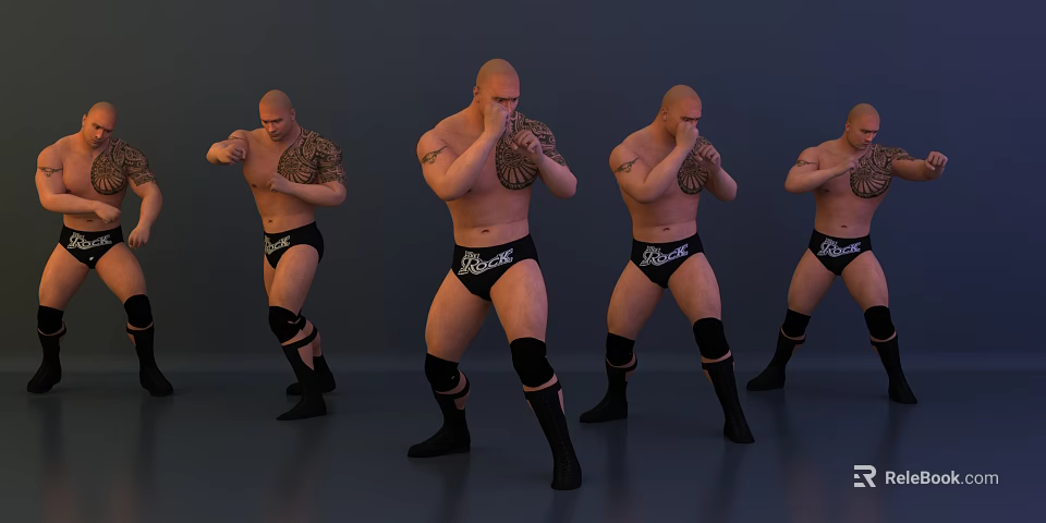 Four Muscular Men In Black Shorts With Knee Pads Tattoos Different Poses And Gray Background 3d model 