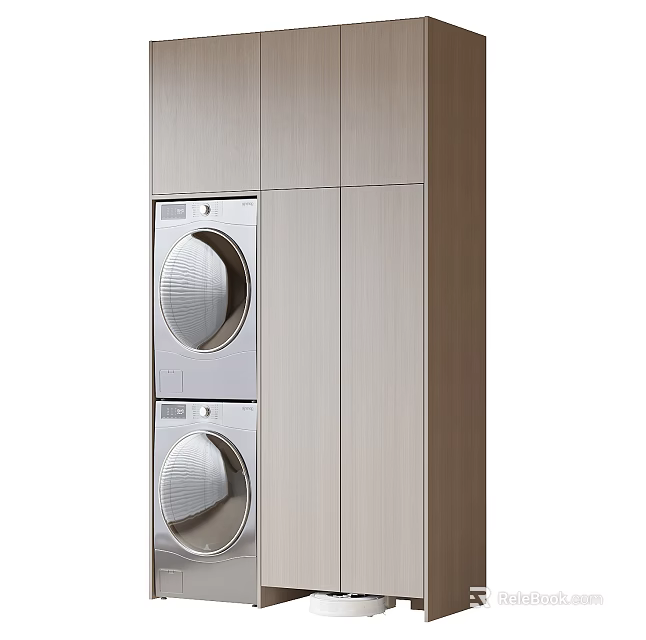Modern Laundry Room Setup With Stacked Washer Dryer And Wooden Cabinets 3d model 