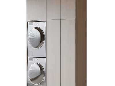 Modern Laundry Room Setup With Stacked Washer Dryer And Wooden Cabinets 3d model