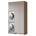 Modern Laundry Room Setup With Stacked Washer Dryer And Wooden Cabinets
