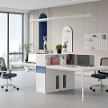 Modern Office Interior Design With Large Windows City View White Desk Blue Seats Green Plants
