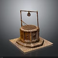 Traditional Ancient Well Architecture With Wooden Pulley Circular Grille And Stone Base