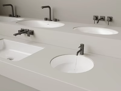 Modern Faucets On White Countertop With Multiple Sinks In Interior Design 3d model