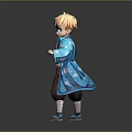 Cute Blonde Cartoon Character Wearing Blue Kimono Coat And Brown Clothes On Dark Background