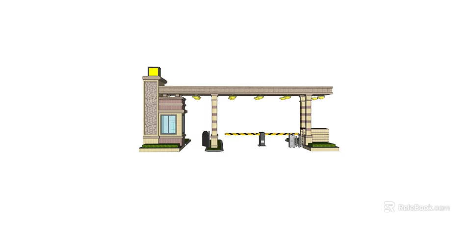 Elegant Entrance Gate With Stone Pillars Decorative Lights And Automatic Barrier 3d model 