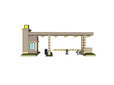 Elegant Entrance Gate With Stone Pillars Decorative Lights And Automatic Barrier 3d model