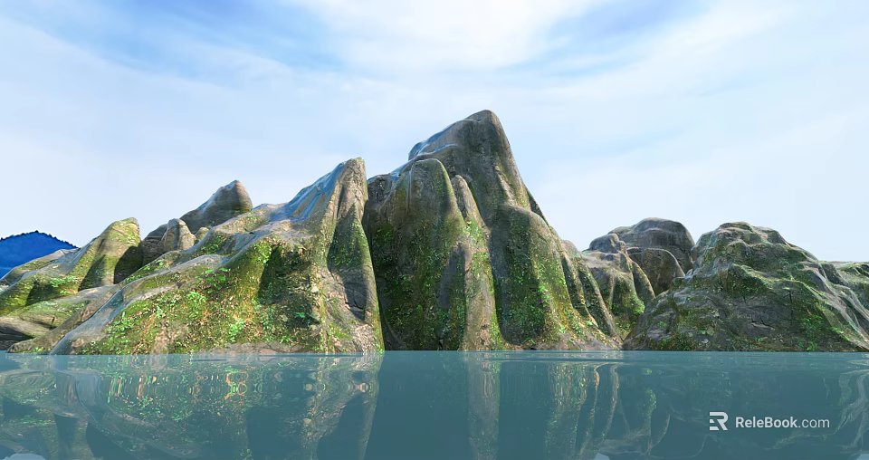 Garden Landscape Featuring Rocky Formations Green Moss And Calm Water Reflection 3d model 