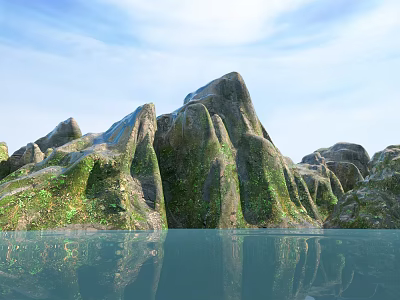 Garden Landscape Featuring Rocky Formations Green Moss And Calm Water Reflection 3d model