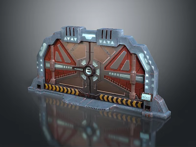 Sci Fi Industrial Gate Structure With Metal Frame Red Panels Circular Center And Warning Stripes 3d model