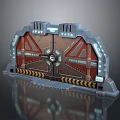 Sci Fi Industrial Gate Structure With Metal Frame Red Panels Circular Center And Warning Stripes 3d model