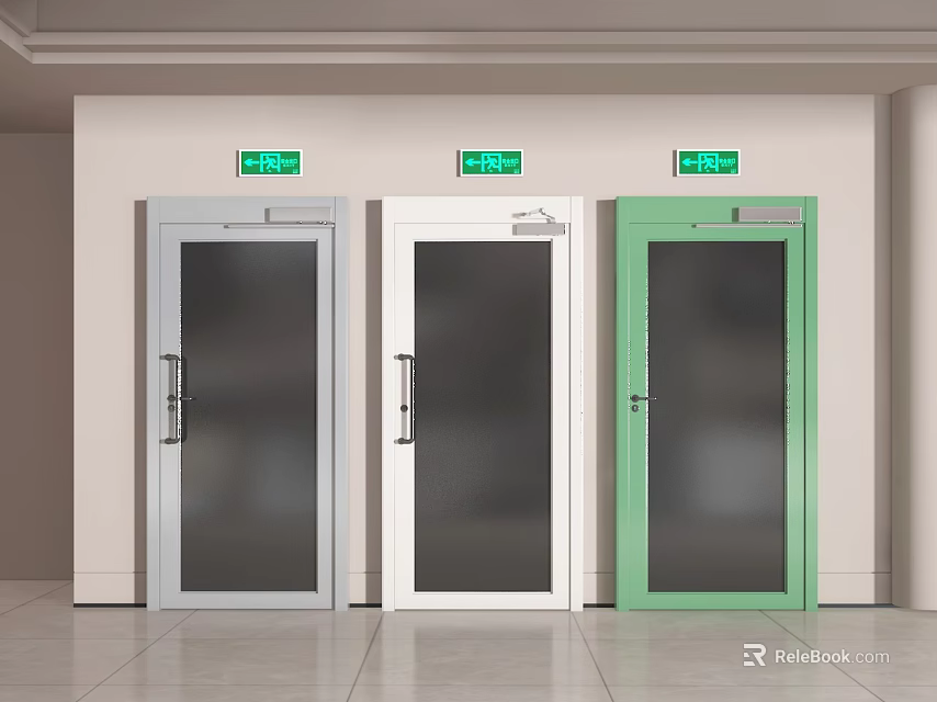 Colored Interior Doors With Glass Panels And Green Signs Above Them 3d model 