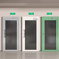 Colored Interior Doors With Glass Panels And Green Signs Above Them