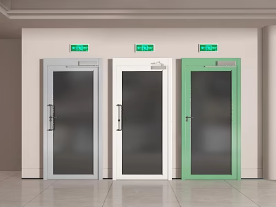 Colored Interior Doors With Glass Panels And Green Signs Above Them 3d model