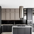 Modern Kitchen With Gray And Beige Cabinets Marble Island Stainless Steel Range Hood And Appliances