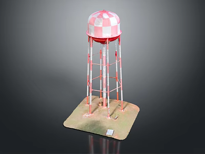 Industrial Water Tower With Red And White Checkered Top And Metal Support Structure 3d model