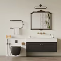Modern Bathroom Vanity Cabinet With White Countertop Wall Mounted Mirror And Green Plant