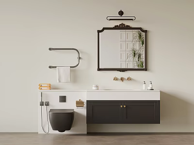 Modern Bathroom Vanity Cabinet With White Countertop Wall Mounted Mirror And Green Plant 3d model