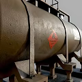 Rusty Metal Industrial Storage Tank With Platform Railing Support Stands And Hazardous Labels
