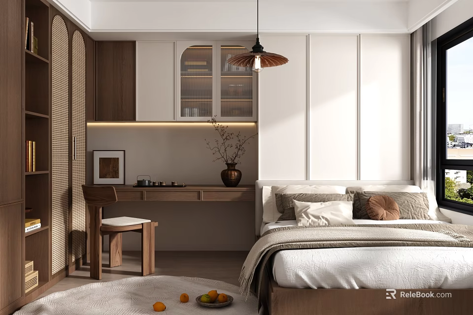 Tatami Bedroom Interior Design With Wooden Desk Hanging Lamp Decorative Painting And Soft Carpet 3d model 