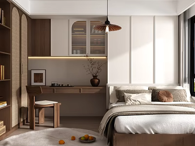 Tatami Bedroom Interior Design With Wooden Desk Hanging Lamp Decorative Painting And Soft Carpet 3d model