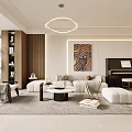 Modern Living And Dining Room Interior With Sofa Dining Table Chairs Pendant Lights And Artwork