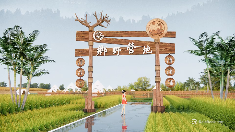 Rural Scenic Wall Archway With Deer Head Decor And Camp Sign Near Rice Field Tents 3d model 