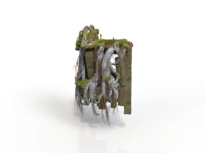 Modern Outdoor Decorative Stone Structure With Green Moss And Hanging Vines 3d model