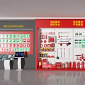 Fire Fighting Equipment Exhibition With Extinguishers Hydrants Tools And Certification Signs