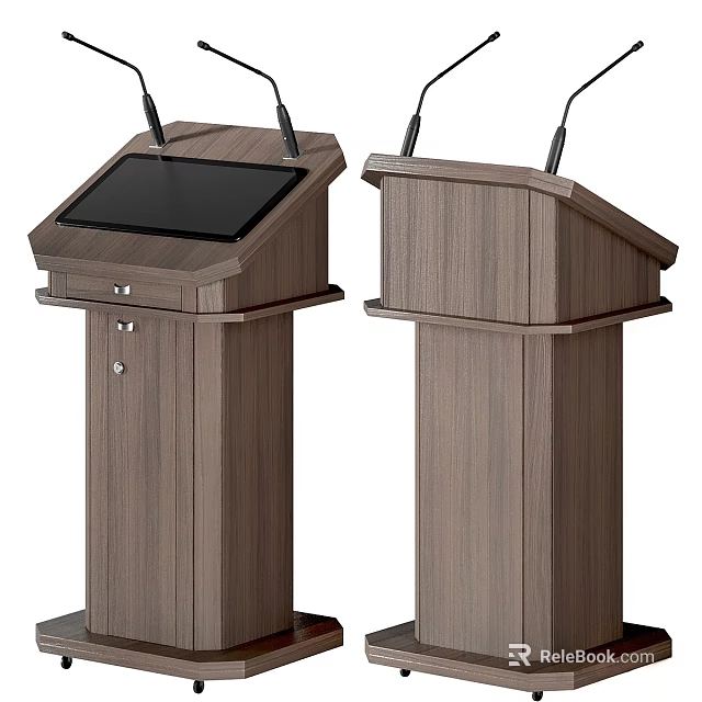 Wooden Conference Table Setup With Podiums Microphones And Digital Screens 3d model 