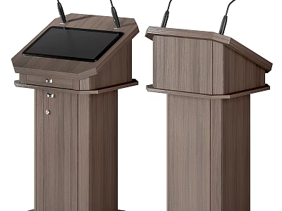 Wooden Conference Table Setup With Podiums Microphones And Digital Screens 3d model