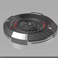 Futuristic Circular Building Structure With Metallic Multi Layered Rings And Red Accents