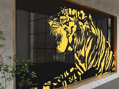 Modern Background Wall With Lighted Yellow Black Tiger Design and Green Plant in Interior Space 3d model