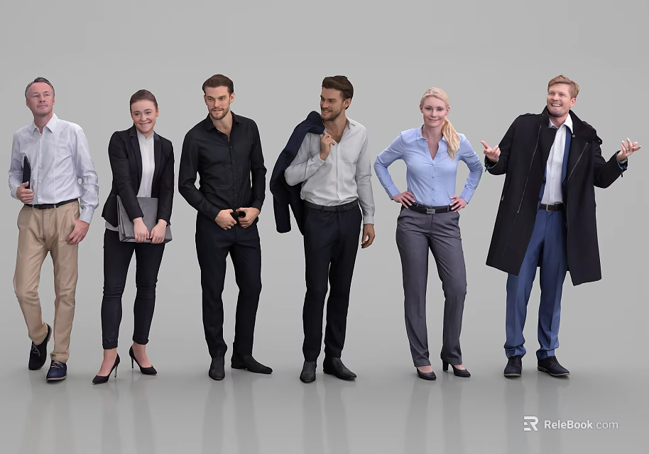Diverse Group of Business Professionals Standing Together in Formal Attire Posing Confidently 3d model 