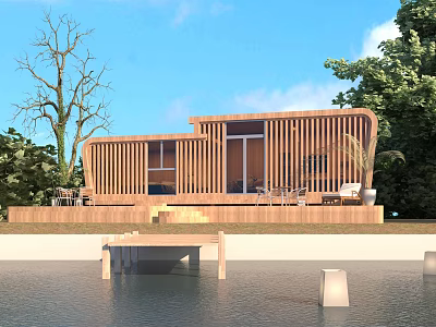 Modern Waterfront Vacation Home With Wooden Facade Large Windows And Terrace 3d model