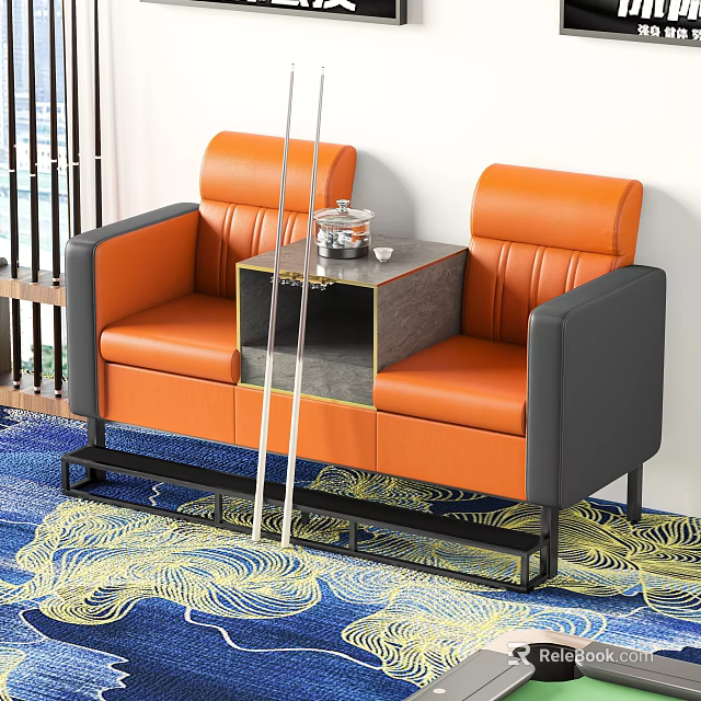 Modern Orange Gray Two Seater Sofa with Side Table on Blue Yellow Patterned Rug 3d model